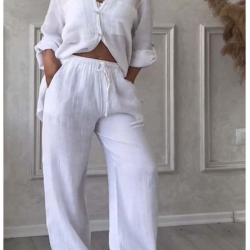 Women Casual Two Piece Sets Solid Longsleeve Female Shirt Wideleg Trousers Loose Drawstring Pants Pockets Ladies Clothing y240815