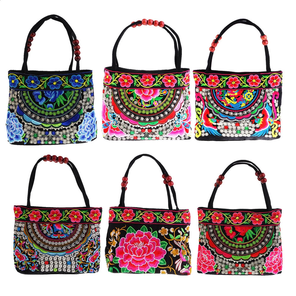 Flower Embroidered Travel Shoulder Bag - Bohemian Double sided Embroidered Flower Canvas Bag 240816