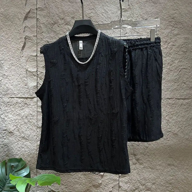 Mens sleeveless T-shirt set O-neck casual hollow vest tophollow quick mens breathable vest 2-piece set 240827