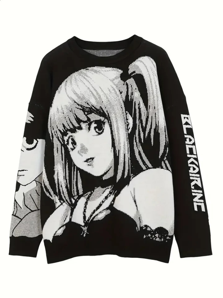 Anime Graphic Letter Print Pullover SweaterCute Long Sleeve Crew Neck SweaterWomens Clothing 240812