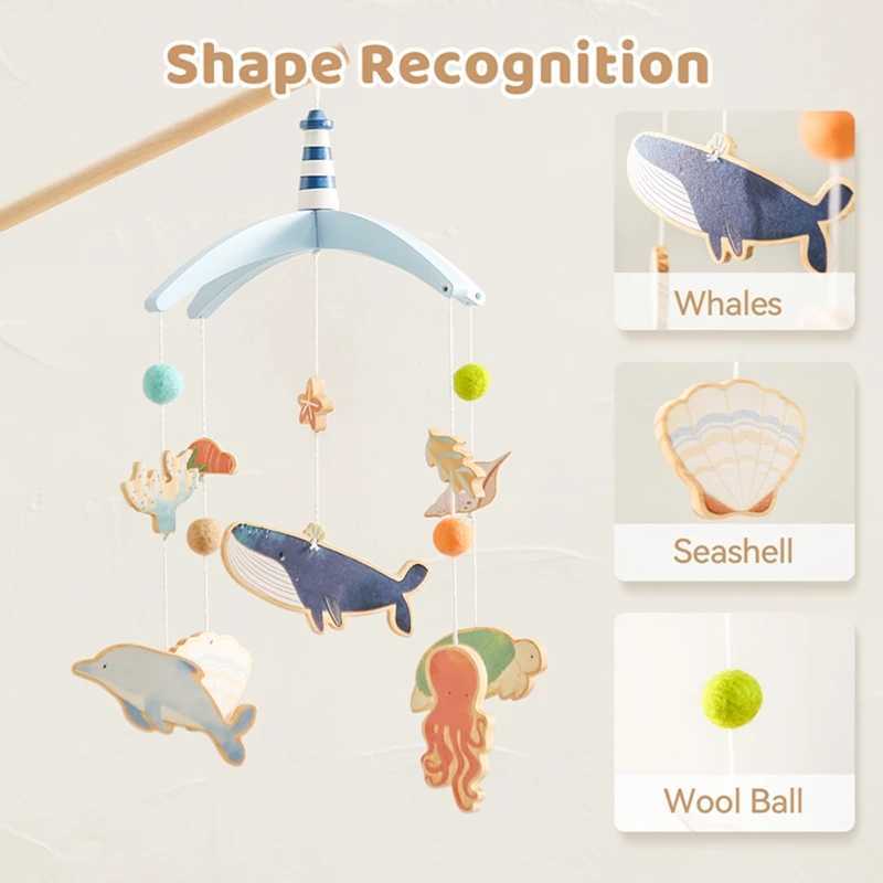 Baby crib bell hanging toy 0-12 months old newborn wooden mobile music baby crib mouse toy cartoon whale baby crib bracket baby gift W240815