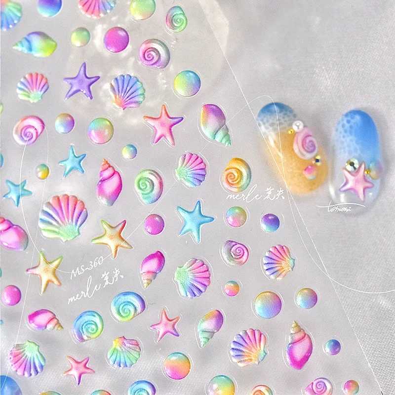 Fantasy Beach Summer Dreamy Colorful Seasnail Shell Pearl Conch Jelly Star 5D Decals Soft Relief 3D Decoration Nail Art StickersXJ250120