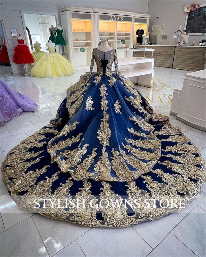 Princess Navy Blue Gold Lace Beaded Pearl Ball Gown Quinceanera Dresses Celebrity Party Prom Gowns Graduation Vestido De 15 Anos