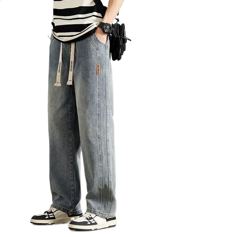 2024 Mens Autumn Straight Bag Pants Cotton Black Wide Leg Jeans Retro Y2k Mens Trousers Street Clothing Black 240815