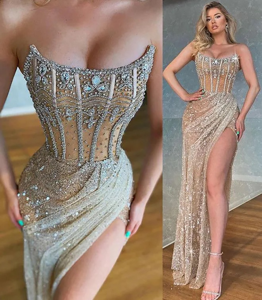 Plus Size Arabic Aso Ebi Urious Sexy Sequined Prom Dresses Beaded Crystals High Split Evening Formal Party Second Reception Gowns Dress 0906