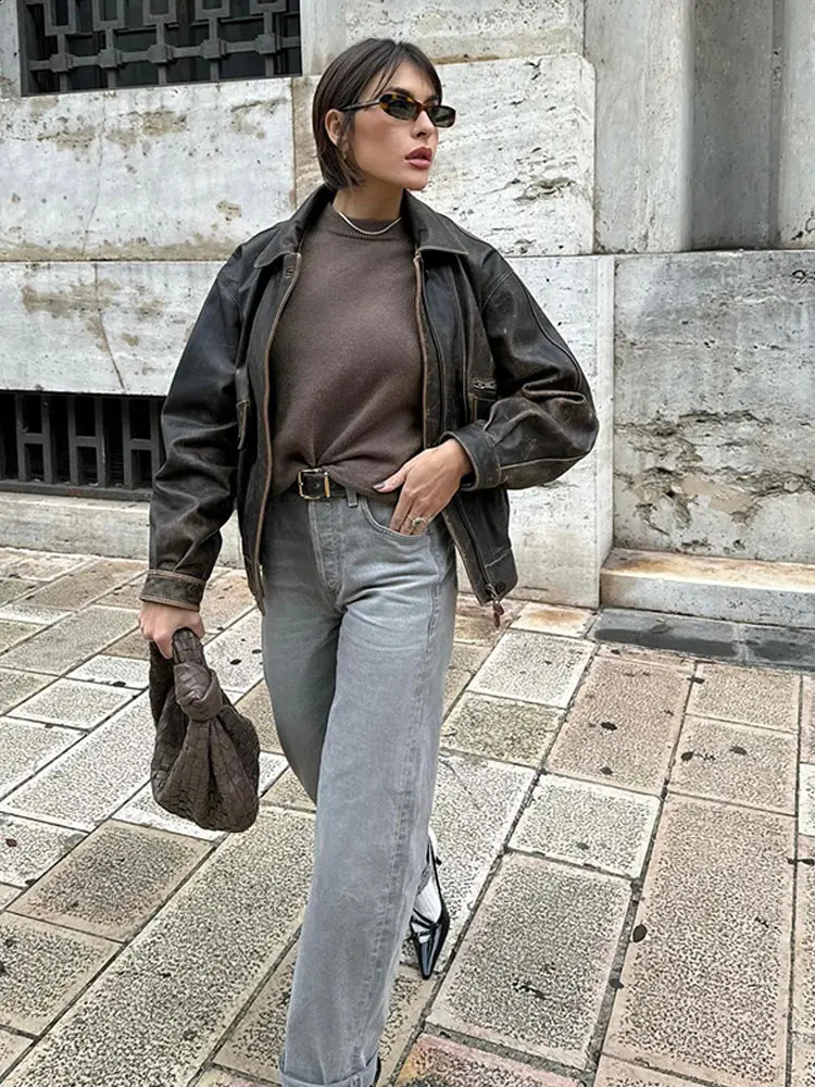 2024 Autumn Fading Effect Bomber Jacket Womens Collar Long Sleeve Zipper Pocket Jacket Womens Street Fashion Womens Jacket 240815
