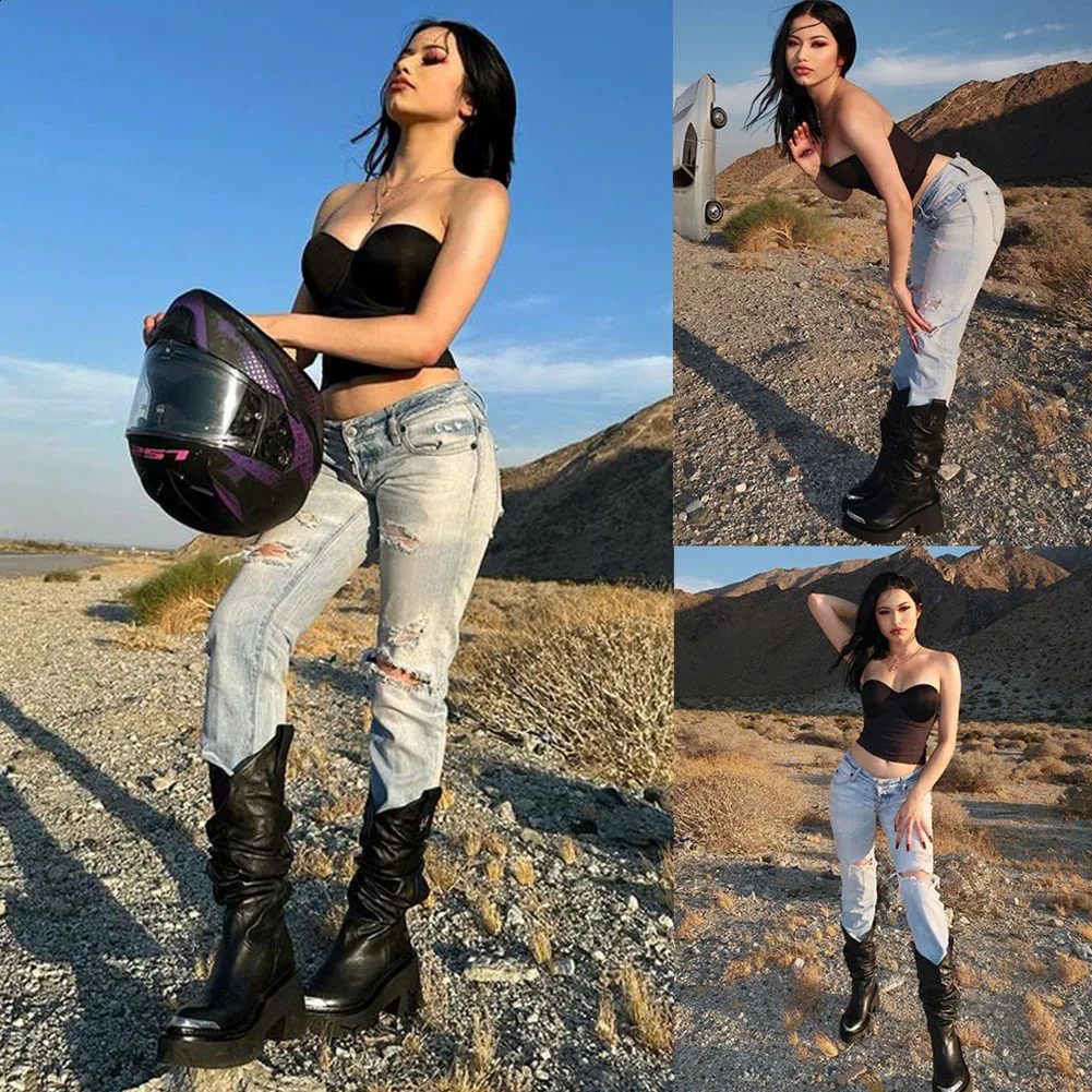 Gothic platform small leg boots punk street metal decoration womens motorcycle boots 2024 winter cool fashion combat boots womens shoes 240813