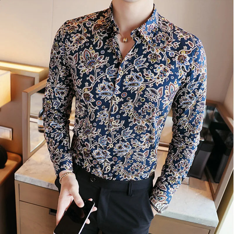 Men Shirts Cotton Vintage Clothes Flowers Shirt Korean Clothing Mens Fashion Beach Mens Spring Long Sleeve Shirt Top 240816