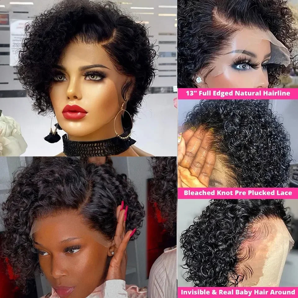 Short Bob Wig Pixie Cut Wig Curly Human Hair Wigs For Women 13x1 Lace Front Wigs Peruvian Deep Wave Lace Wig Preplucked Hairline 240812