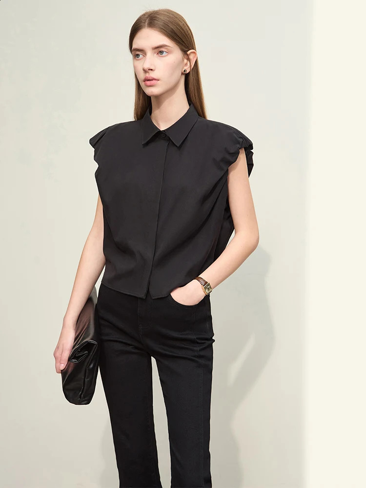 Amii Minimalism Summer Womens Solid Tencel Cotton Wide Shoulder Petal Sleeve Shirt and 12442032 240814