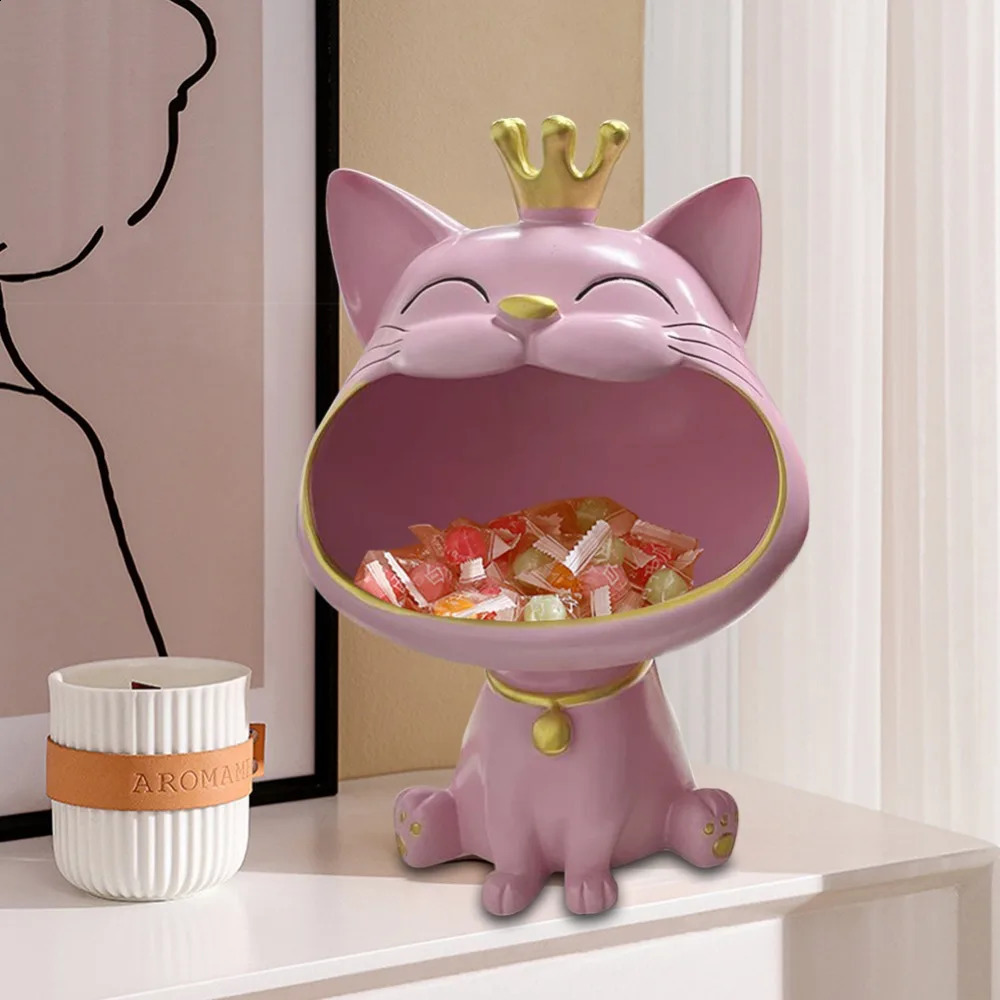 Lucky Cat Statue Fortune Crown Big Mouth Cat Statue Entrance Key Storage Tray Housewarming Gift Sculpture Decorative 240816