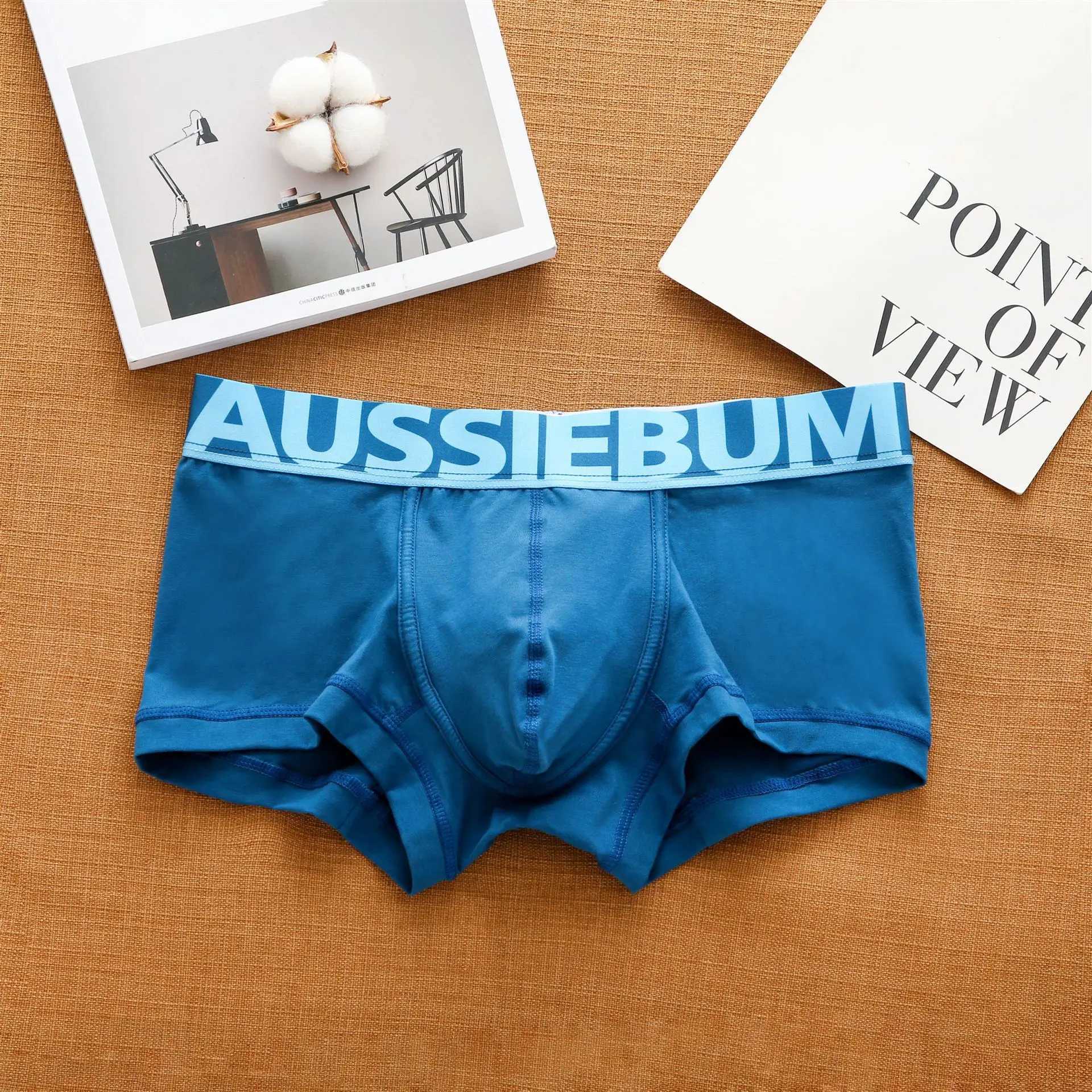 Aussiegum mens pure cotton underwear with low waisted letters for fashionable and comfortable sweat-absorbing boxer shortsXJ240815