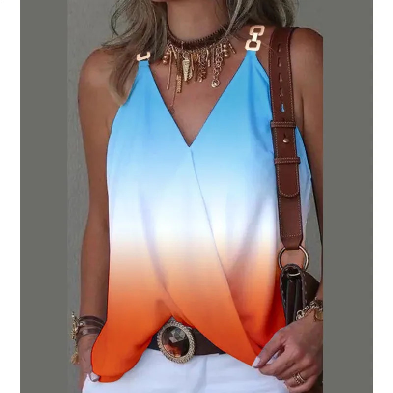 blusa mujer tendencia 2024 Women Vneck Sleeveless Tshirt And Metal Buckle Loose Top blusas para 240816