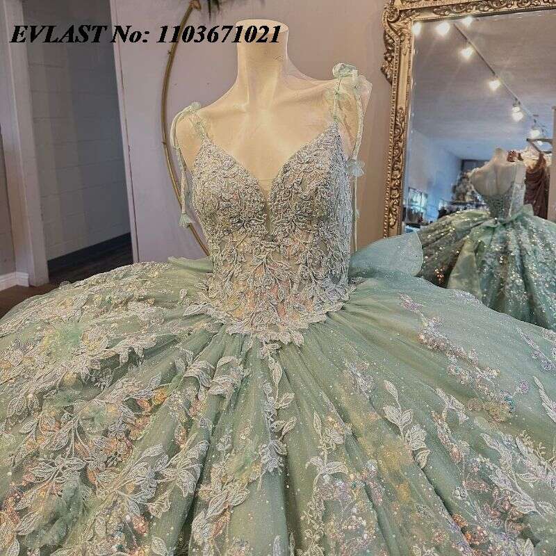 EVLAST Shiny MInt Green Ball Gown Quinceanera Dress Lace Applique Beading Spaghetti Bow Sweet 16 Vestidos De XV 15 Anos