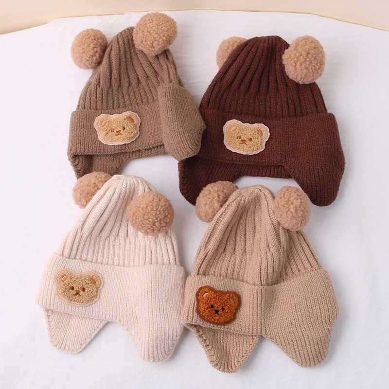 Winter Baby Beanie Cap Cartoon Bear Ear Protection Knitted Hat for Toddler Boys Girls Cute Korean Warm Kids Crochet Hats GorrasY240815