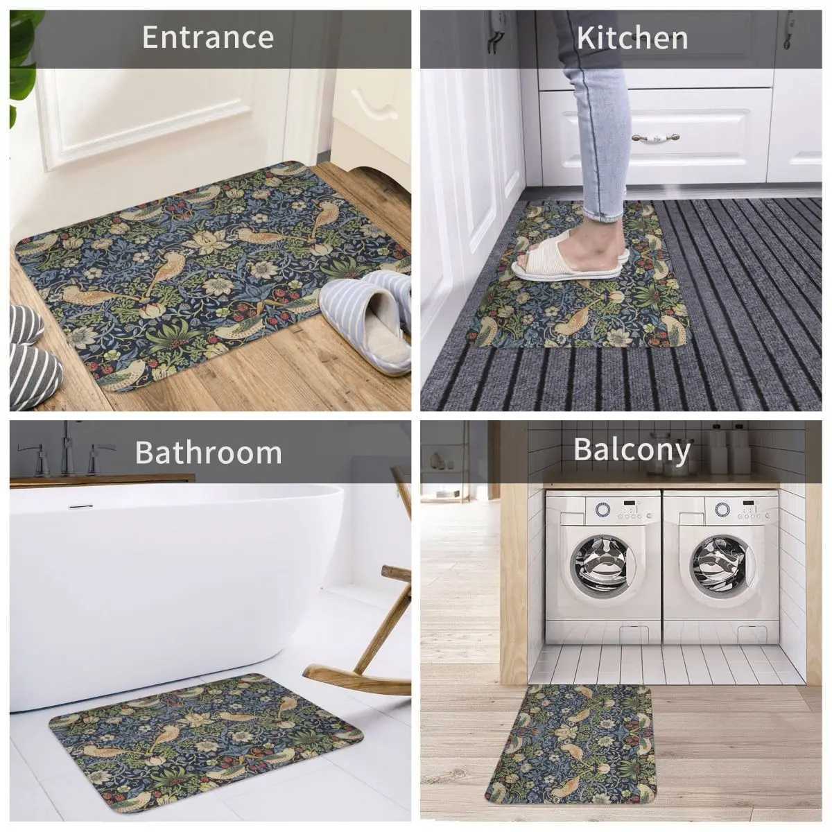 William Morris Strawberry Thief Pattern Anti-slip Doormat Floor Mat Water oil proof Carpet Rug for Home Living room Footpad MatsM240816