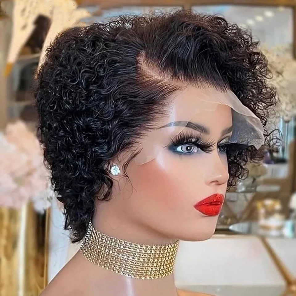 Short Bob Wig Pixie Cut Wig Curly Human Hair Wigs For Women 13x1 Lace Front Wigs Peruvian Deep Wave Lace Wig Preplucked Hairline 240812