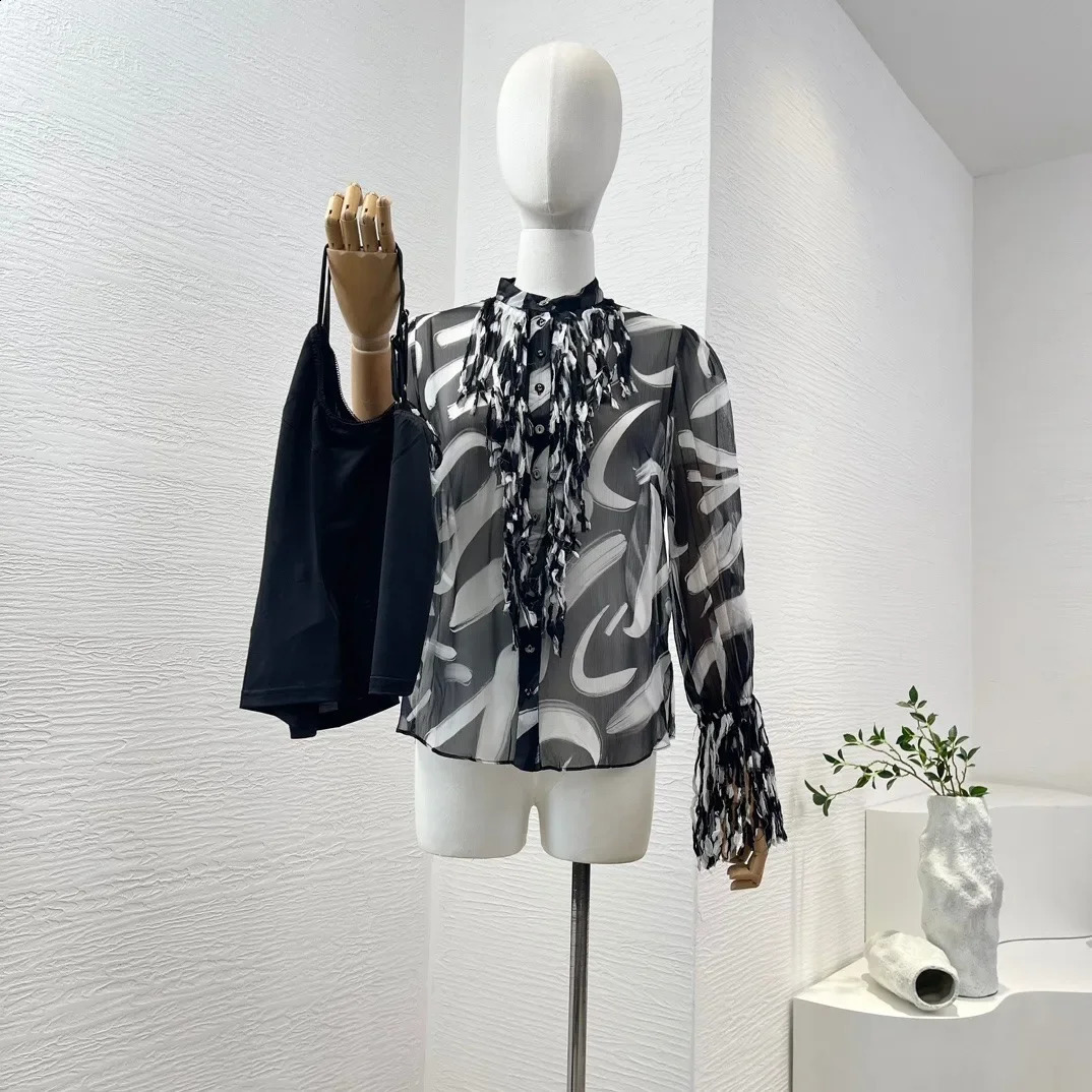Pure silk highquality front button closed black and white handpainted long sleeved tassel womens shirt top 240814