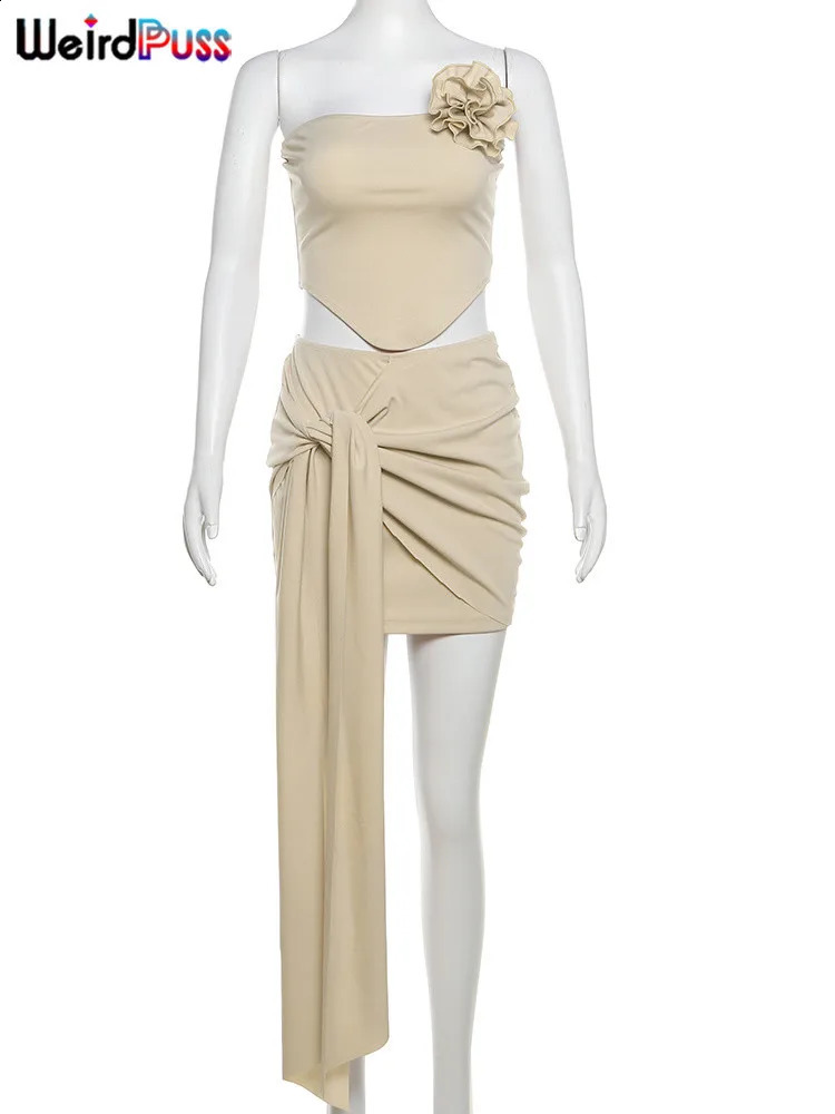 Weird Puss Elegant Women 2 Piece Set Y2K Summer Flowers Strapless TopsKnot Peach Hip Matching Trend Vacation Clubwear 240816