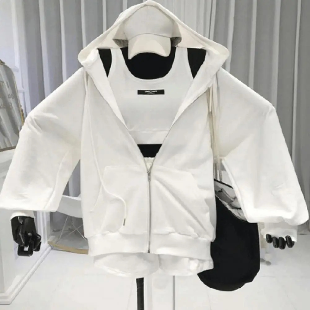 Casual 3 Piece Sets Women VestShortsHooded Zipper Jacket Sportswear Suits Solid Color Sports Tracksuit Women chandals mujer 240809