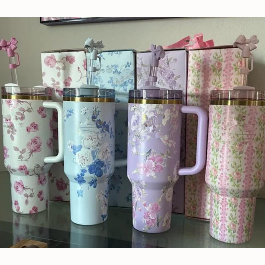 Ship From USA 40oz TUMBLER Pink Rose Blue Magnolia Mug Holiday Stainless Steel Tumbler with Silicone Handle Lid and Straw Cups Mugs Target water bottl