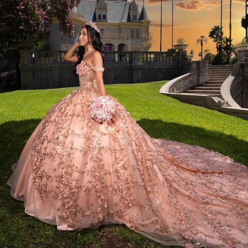 Blush Pink Puffy Princess Quinceanera Dresses 2024 Off Shoulder 3D ral Gillter Sequins Lace-up Corset Vestidos 15 anos rosa
