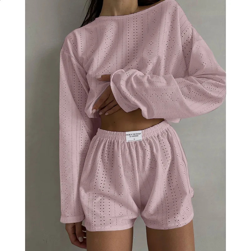 Womens Pajamas Set Spring Long Sleeve Tops With Shorts Sleepwear 2 Piece Loose Round Neck Home Wear Loungewear Pyjama Femme 240815