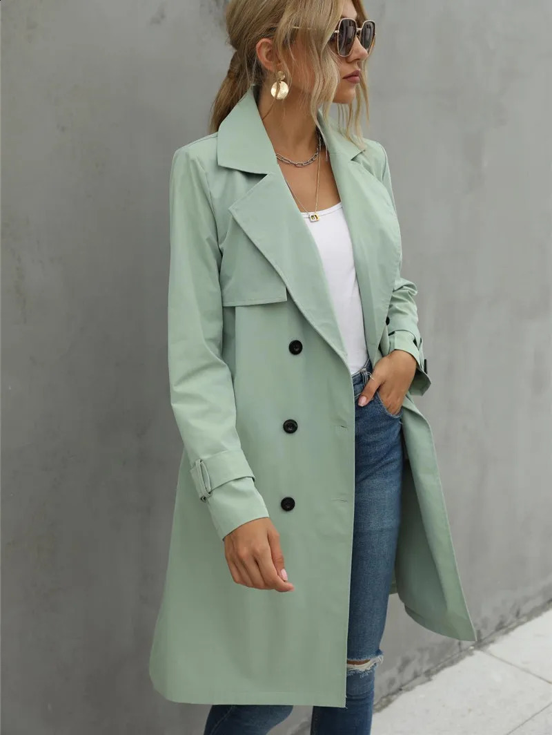 Womens trench casual solid color jacket adult elastic fashionable long sleeved collar double chest belt 240814