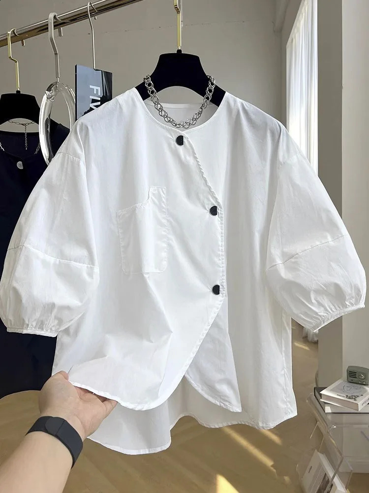 Elegant French Asymmetrical Button Chic Tshirt Tees Women Buttons Summer Short Sleeve Shirt Korean Fashion Top 240816