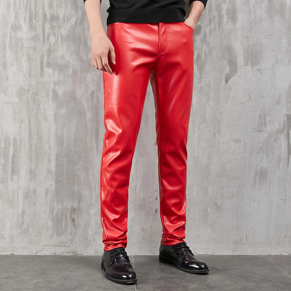 Mens Leather Pants Skinny Fit Stretch Fashion PU Leather Trousers Nightclub Party Dance Pants Thin 240816CJ