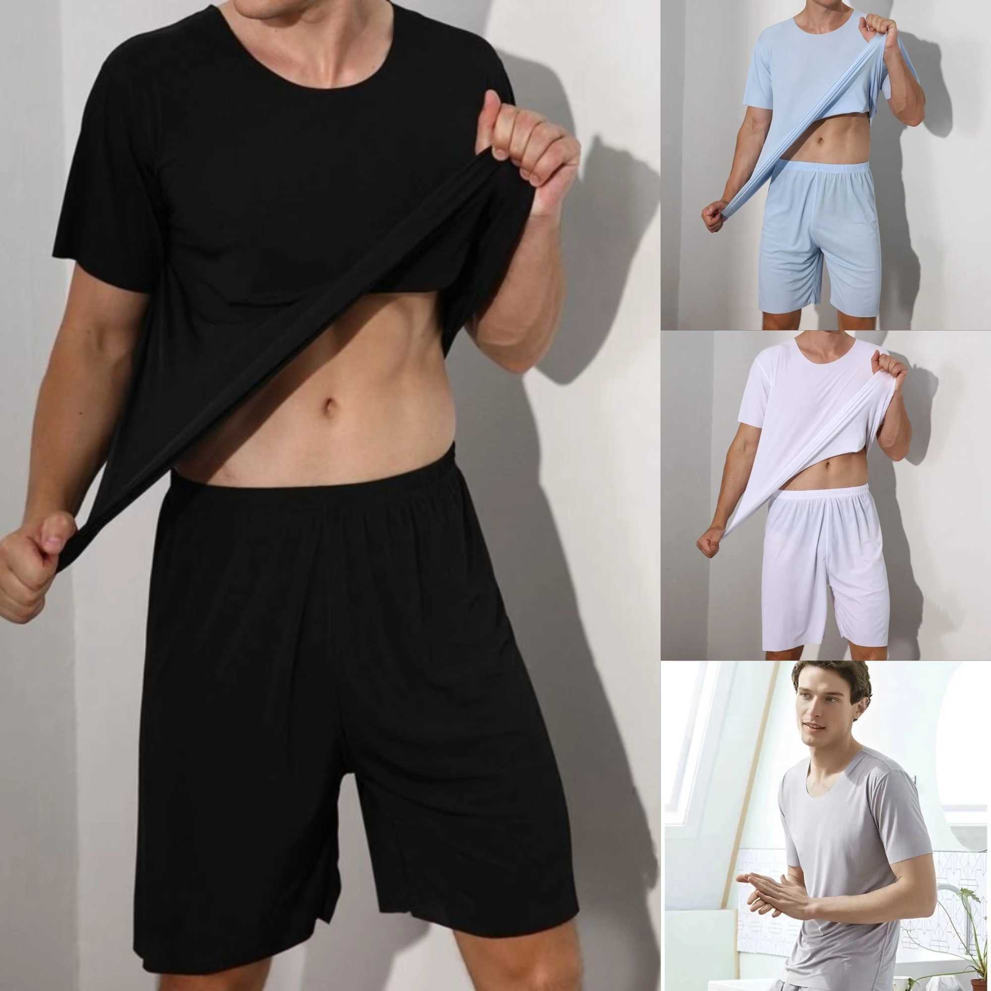 Mens Two-Piece Ice Silk Pajamas Mens Summer Thin Modal Short-Sleeved Pajamas Homewear Mens Large Size Pajamas Homewear SetXJ240815