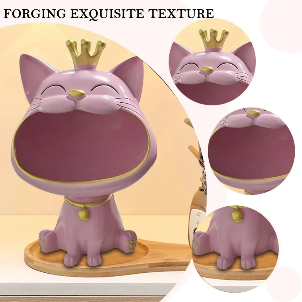 Lucky Cat Statue Fortune Crown Big Mouth Cat Statue Entrance Key Storage Tray Housewarming Gift Sculpture Decorative 240816