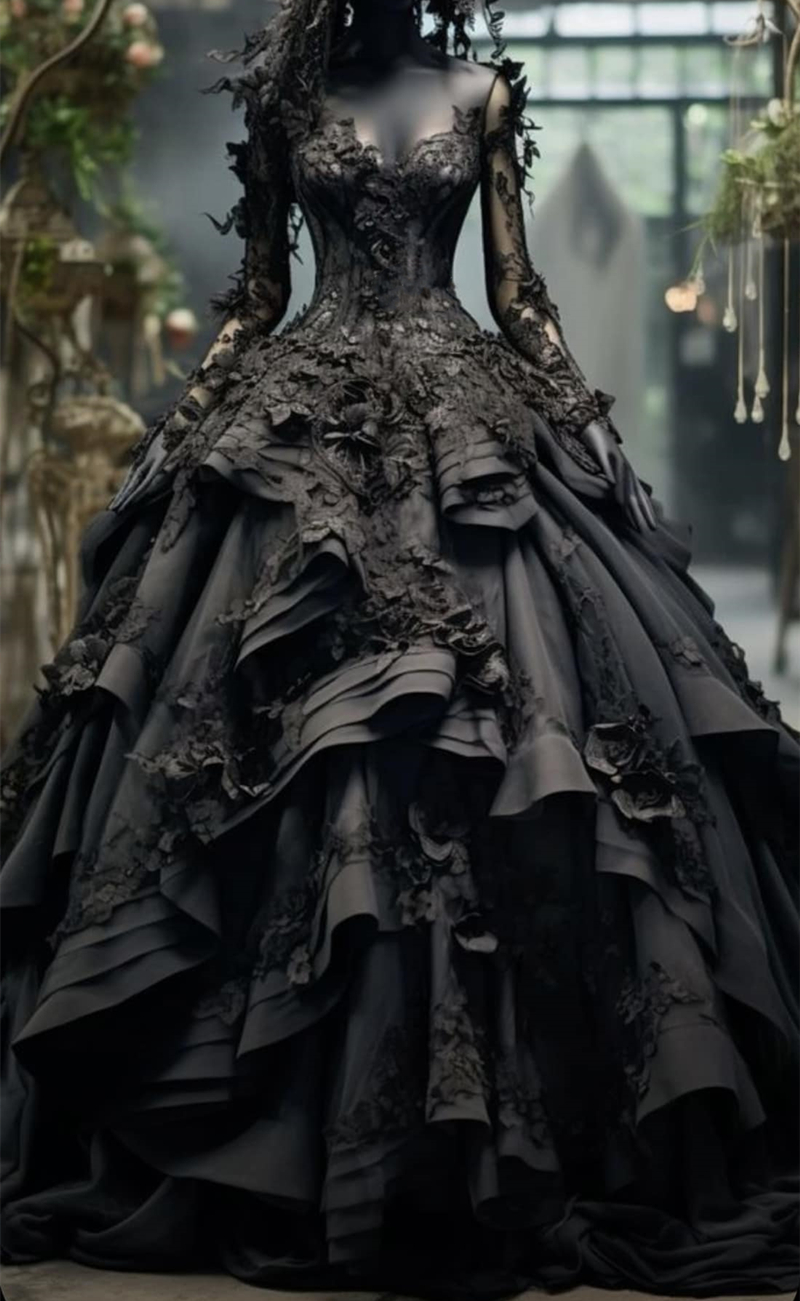 Elegant Gothic Black Wedding Dress with Long Sleeves & 3D ral Appliques for Brides - A-e Style Ruffle Tiered Vintage Women Dresses