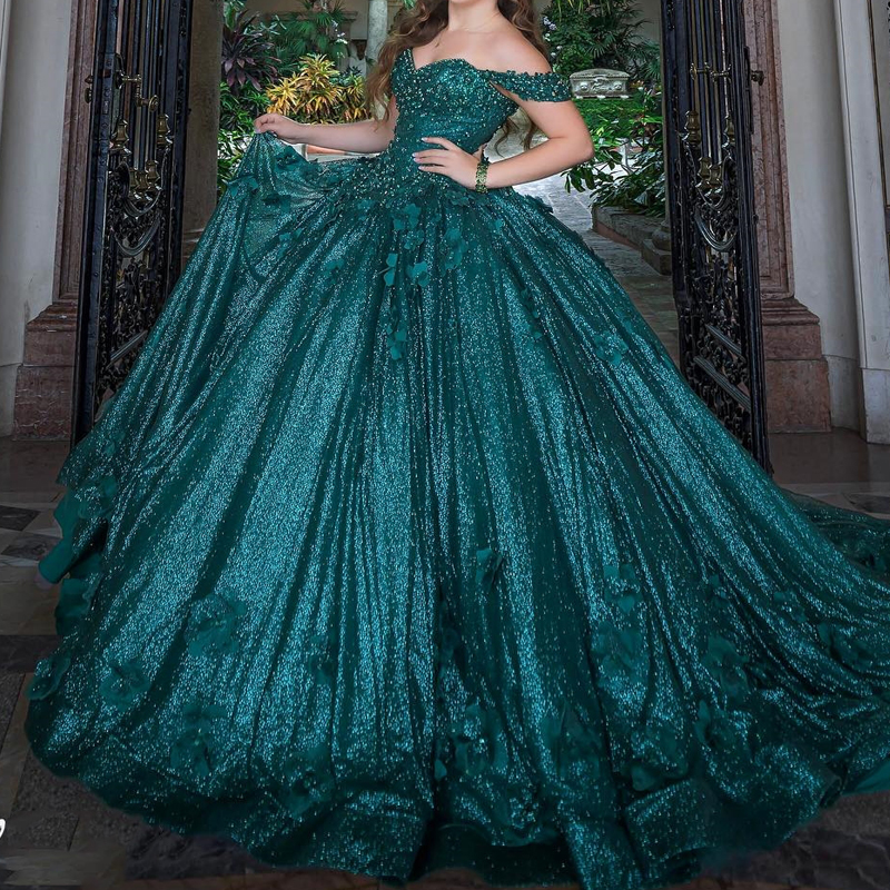 Blackish Green Quinceanera Dress Sweet 16 Dress Off The Shoulder Flower Beaded Crystal Tull Birthday Party Dress vestidos de 15 anos