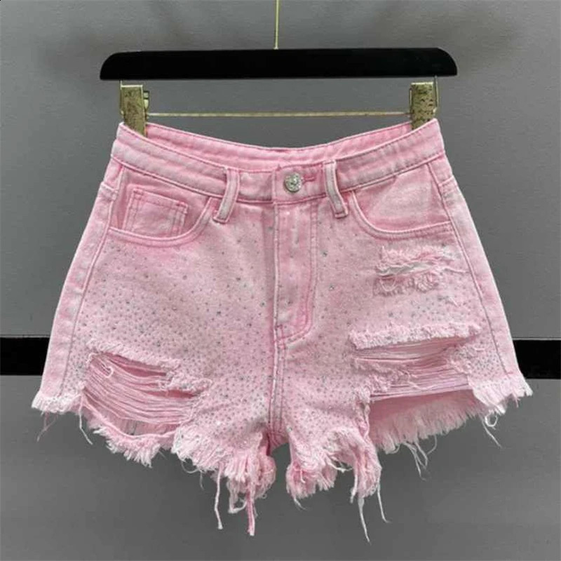 Women Clothing Summer Korean Sexy Holes Rhinestone Streetwear Denim Short Pants Female High Waist Slim Y2K Club Jeans Shorts 240816