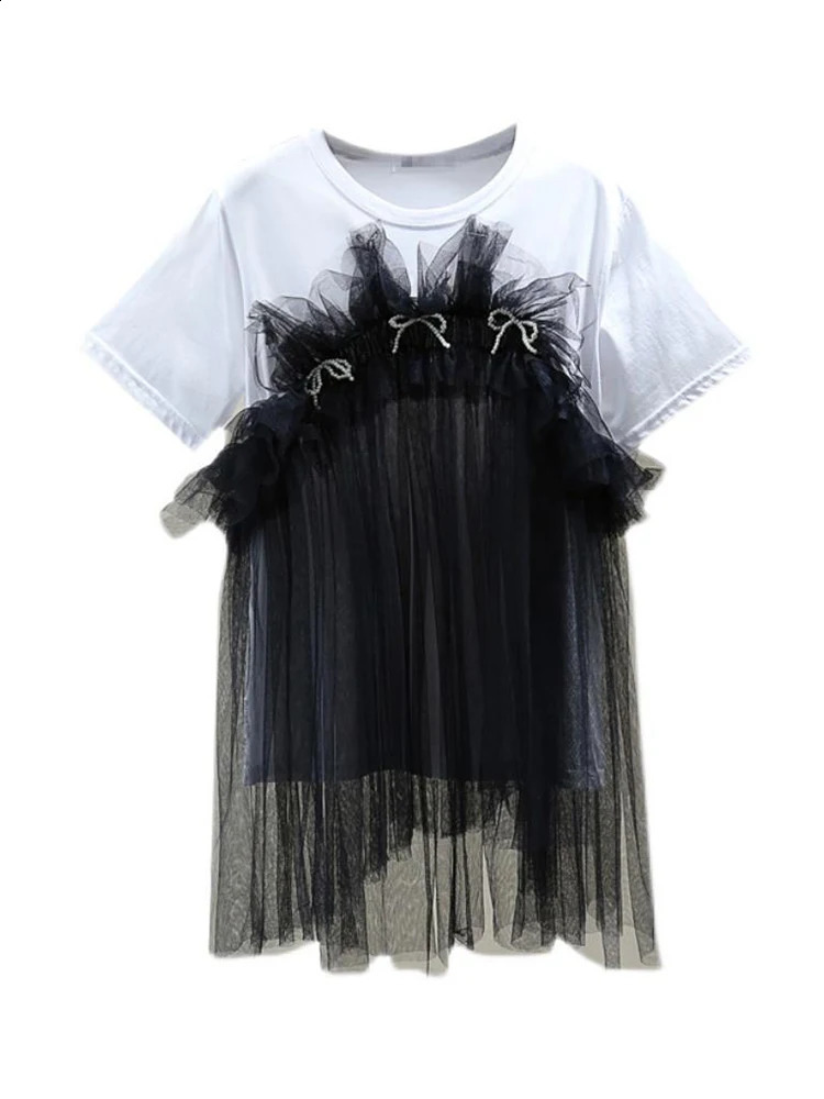 XFPV Womens Mesh Splicing Loose Slimming Comparison Beaded Bow Top Y2k T-shirt Round Neck Short Sleeve Sweet Korean Summer SM2782 240816