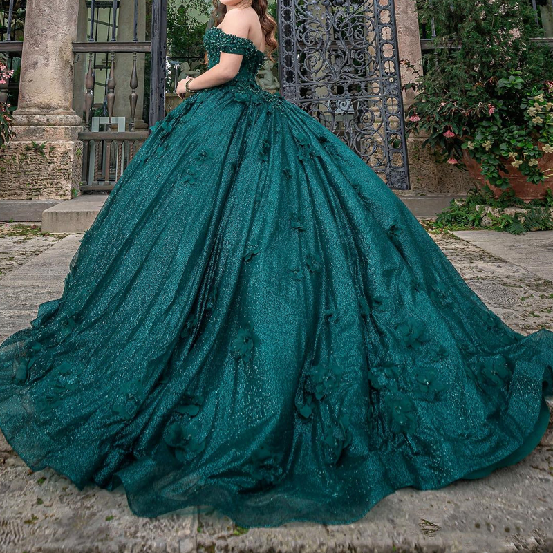 Blackish Green Quinceanera Dress Sweet 16 Dress Off The Shoulder Flower Beaded Crystal Tull Birthday Party Dress vestidos de 15 anos