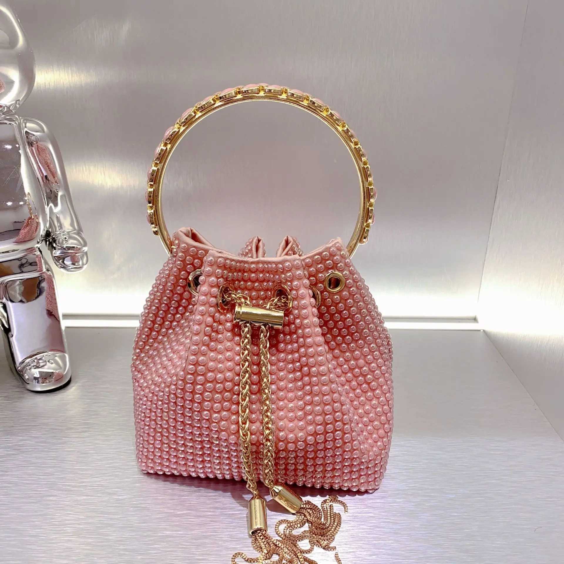 2024 New Handbag Handmade Diamond Ceramic Beads Bucket Bag Metal Sequined Tassel Shiny Candy Color Portable Messenger Bag Women CL240816