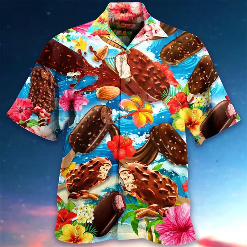 Summer Ice-cream Mens Holiday Lapel Camisa Oversized Hawaiian Shirts 3d Print Fashion Men Women Beach Short Sleeve Blouse Tops 240816