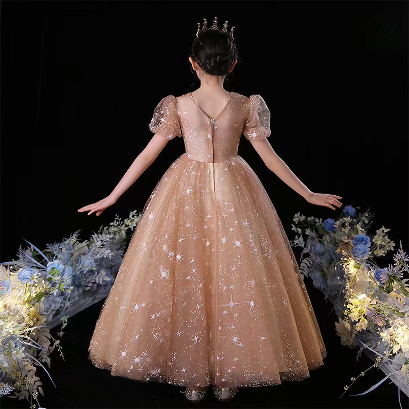 2024 gold sequined Flower Girl tulle Sleeves Tiered Tulle Lace star blingbling Princess Queen Flowergirl Dresses Little Kids Party Gown for Marriage W