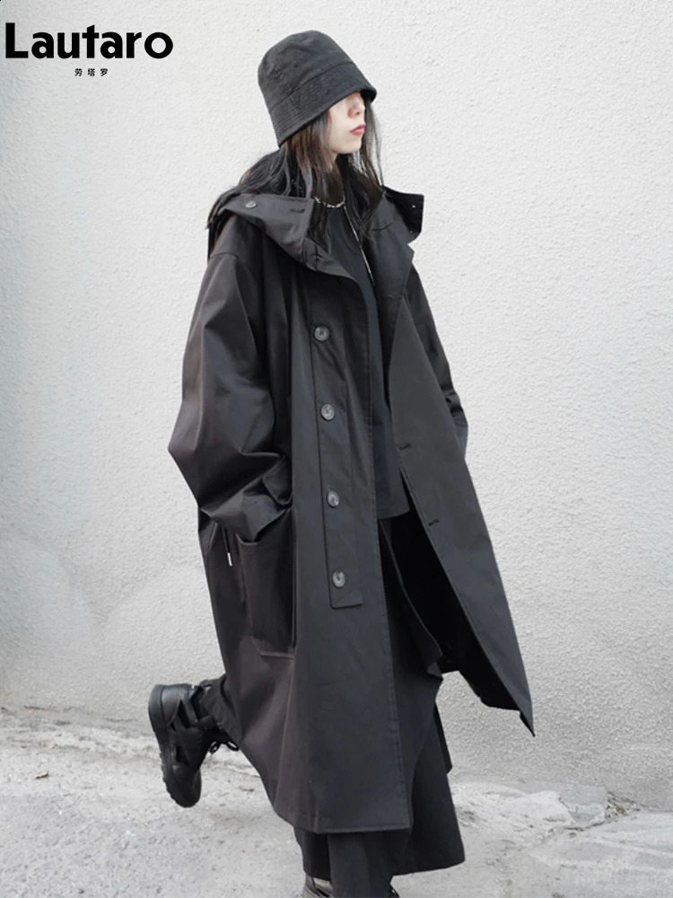 Lautaro Spring Autumn Long Large Black Gully Coat with Hoodie Dark Academic Aesthetics Womens y ner Clothing 240814