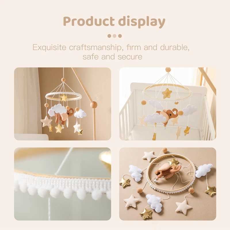 Lets make a wooden baby rattlesnake cartoon elephant cloud moon soft felt hammock Bell mobile Flat noodles Montessori educational toys W240815