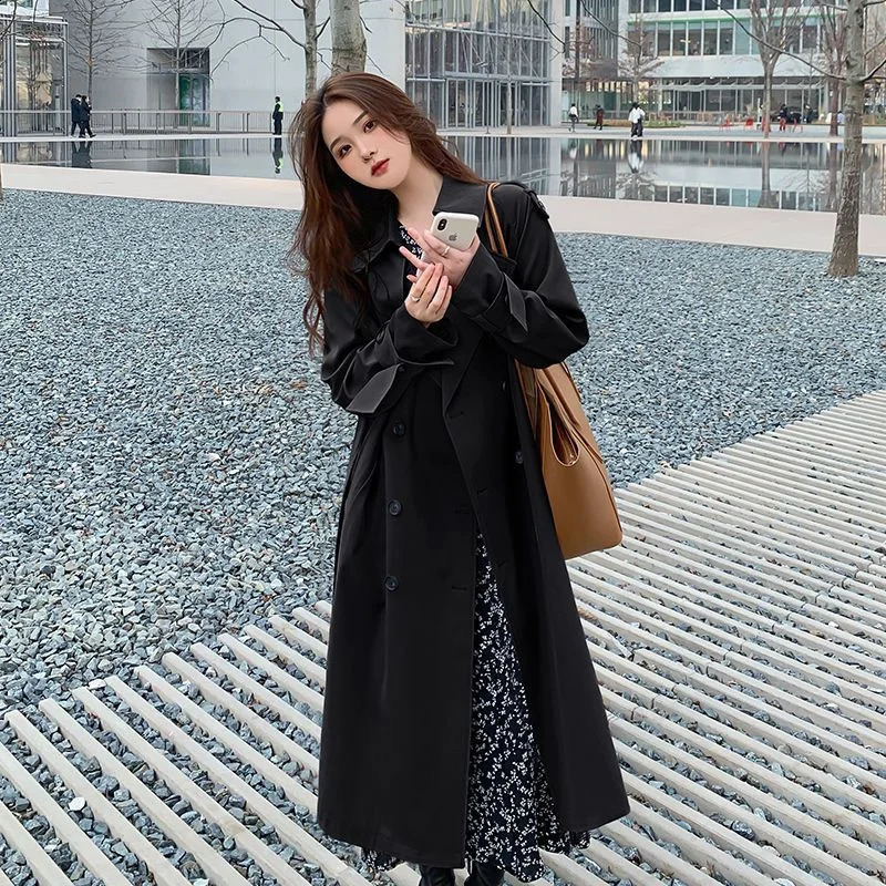 Street loose trench coat Midi length fashionable Korean elegant khaki black womens windproof casual double chest top 240814