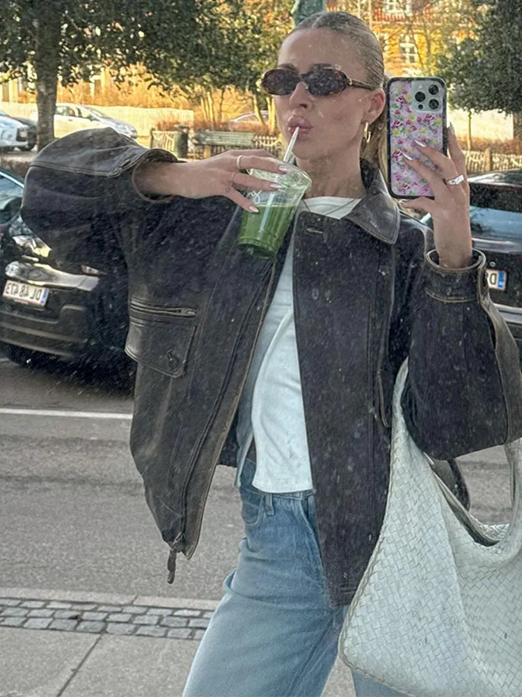 2024 Autumn Fading Effect Bomber Jacket Womens Collar Long Sleeve Zipper Pocket Jacket Womens Street Fashion Womens Jacket 240815