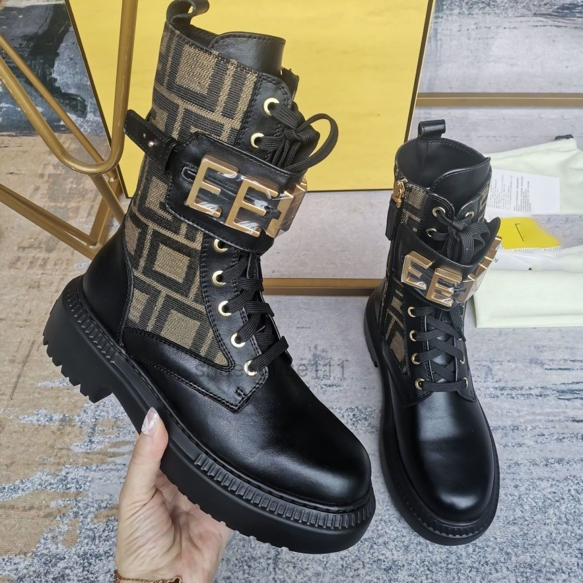Designer motorcycle fashion Chelsea woman Mid length boots Black Leather Wedge Lace Up Round Head Letter Thick Heel Knight Boots 2025 4