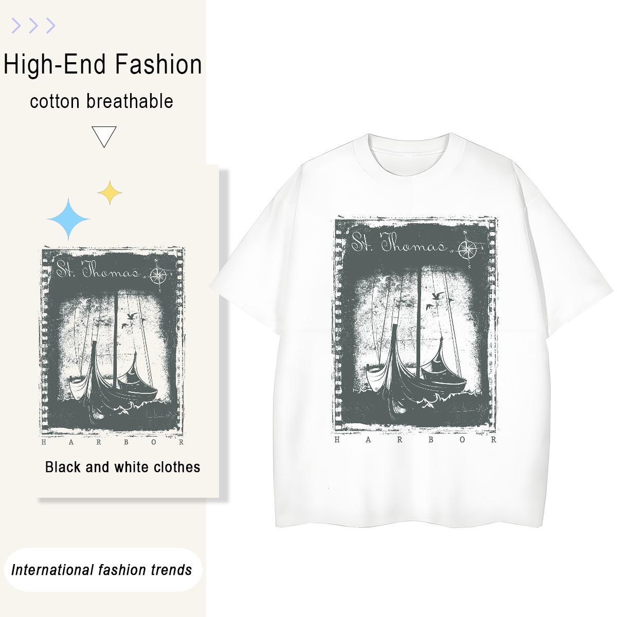 Stylist T-Shirts for Women 100% Cotton 230g Short Sleeve O-Neck Street Casual black and white Unisex Tshirts Soft Anime Tees