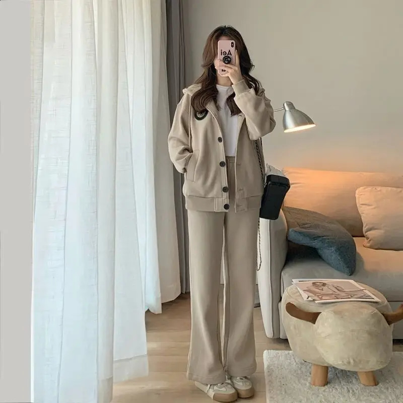 Fashion Sports Set Womens Autumn/Winter Korean Hooded Casual Top Wide Leg Pants Elegant Womens Two Piece Set 240815