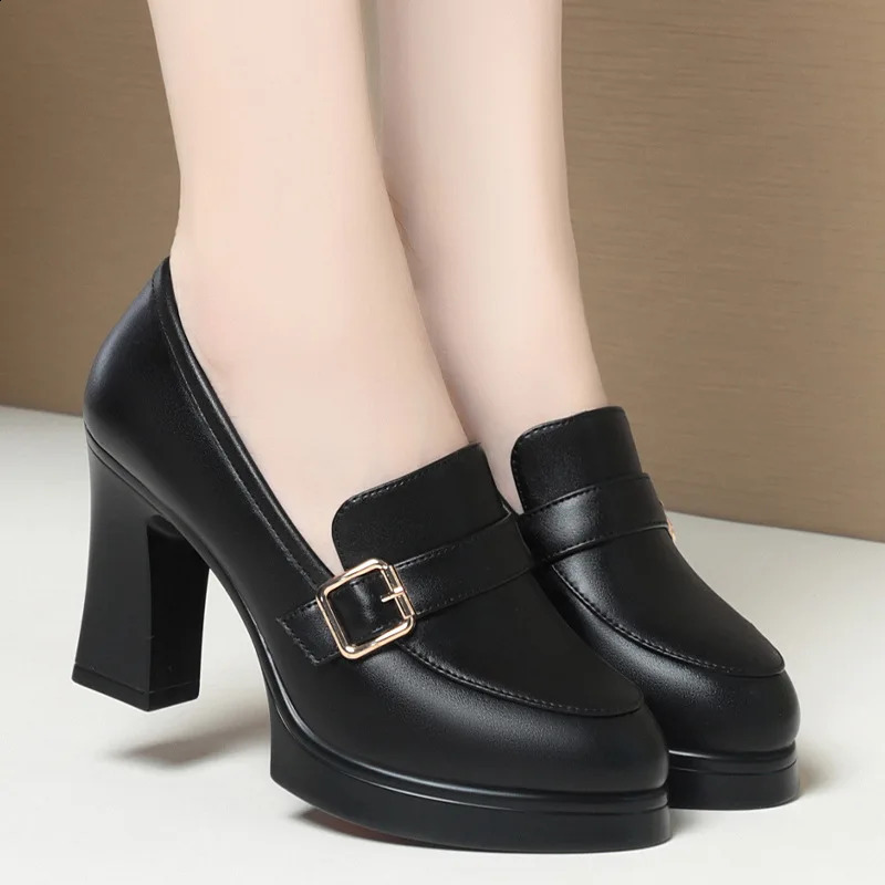 6cm 9cm Elegant Soft Leather Shoes Womens Black Platform Loafers Spring Block High Heels Shoes for Office Work Daily Mom 240815