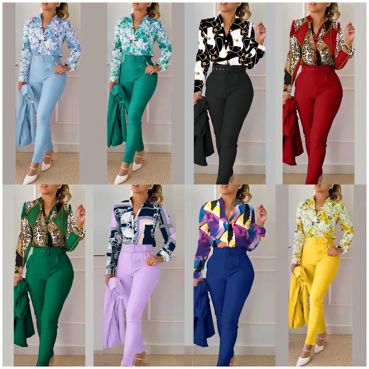 Elegant Fashion V Neck Floral Print Long Sleeve High Waist Two Piece Set Office Lady Casual Trousers Suit Shirt Pants 240816