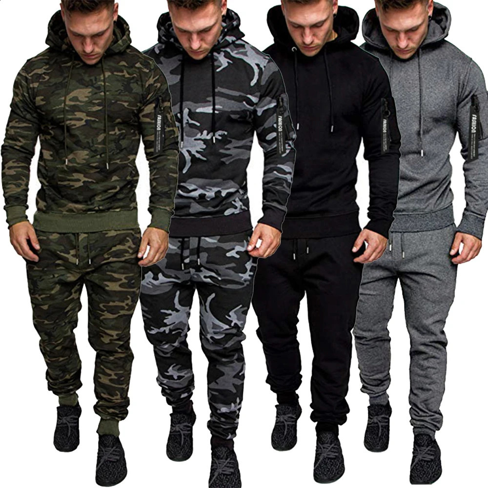 Mens Camouflage Tracksuit Sport Hoodies Pants Two Piece Set Outdoor Sports Suit Casual Jogging Suit Sweatshirts 240816